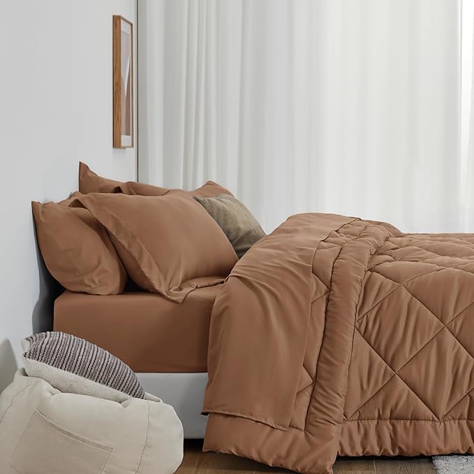 Love's cabin Twin Comforter Set Mocha Mousse, 5 Pieces Twin Bed in a Bag, All Season Bedding Sets with 1 Comforter, 1 Flat Sheet, 1 Fitted Sheet, 1 Pillowcase and 1 Pillow Sham | Soft, Breathable, Lightweight, Comfortable