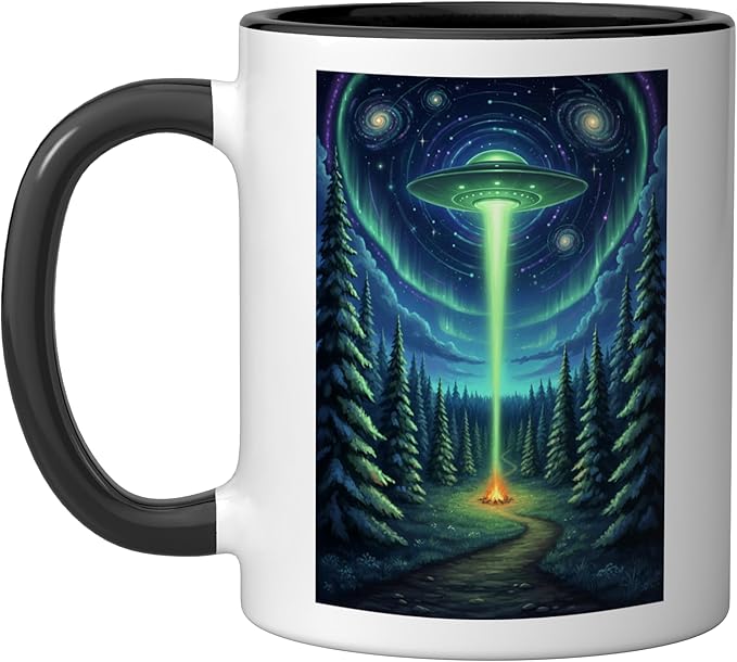 UFO in Forest Campfire Nature Camping Flying Saucer UAP Ceramic Mug, Black/White