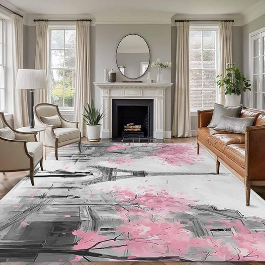 Area Rug 8x10ft, Vintage Towel Couple Pink Flower Washable Rugs for Living Room Bedroom, Watercolor Modern City Scene Soft Non-Slip Area Rugs Rectangle Floor Carpet for Dining Room