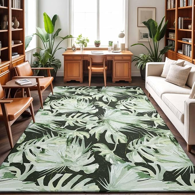 Area Rug 4x6ft, Abstract Dark Green Palm Leaves Washable Rugs for Living Room Bedroom, Watercolor Plants Soft Non-Slip Area Rugs Rectangle Floor Carpet for Dining Room
