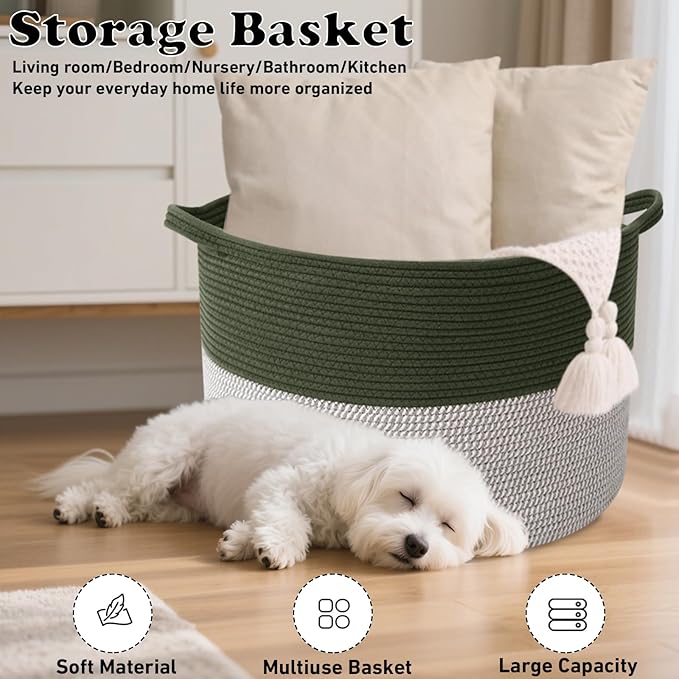 65L Large Blanket Basket,Woven Rope Laundry Basket Hamper with Handles,Decorative Nursery Basket Storage Bin for Toys, Pillows , Clothes Organizer, Living Room, Bedroom, Bathroom, Green&White