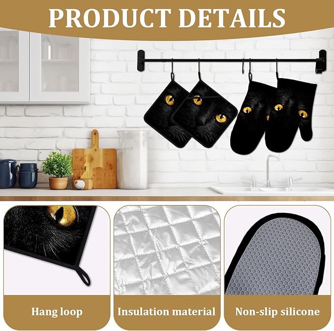Black Cat Eyes Oven Mitts and Pot Holders Sets 4Pcs Animal Face Silicone Kitchen Gloves Heat Resistant Potholders for Baking Cooking Grilling BBQ