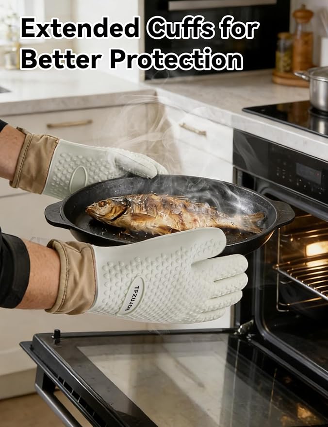 Silicone Oven Mitts with Five-Finger Design, Extended Cuff & Soft Cotton Lining – Heat Resistant, Waterproof, Non-Slip Oven Gloves for Baking, Cooking, Grilling, Safe Grip on Hot Cookware - White