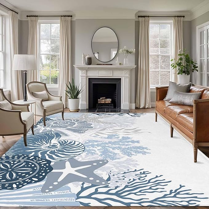 Area Rug 8x10ft, Underwater Blue Shells Starfish Coral Washable Rugs for Living Room Bedroom, Summer Botantical Soft Non-Slip Area Rugs Rectangle Floor Carpet for Dining Room