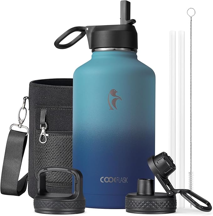 Coolflask Half Gallon Water Bottle Insulated with Straw & 3 Lids, 64 oz Water Jug Large Metal Stainless Steel Wide Mouth for Sports, Gym or Office, Non-BPA Keep Cold 48H Hot 24H, Indigo Blue