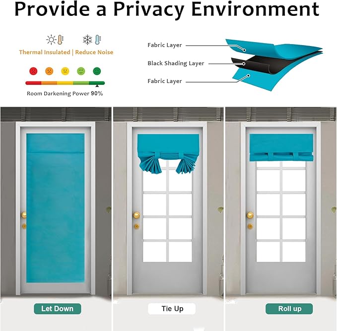 WdFour Room Darkening Solid Color Curtains | 4 Side Curtains for Glass Door | Front Door Sidelight Window Covering | Tie-Up Shade (25W x70L, 1 Panel, Teal Blue)