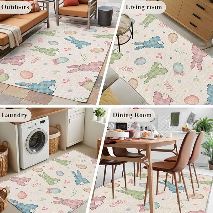 Area Rug 4x6ft, Happy Easter Cute Plaid Bunny Washable Rugs for Living Room Bedroom, Colorful Egg Leaves Farm Linen Soft Non-Slip Area Rugs Rectangle Floor Carpet for Dining Room