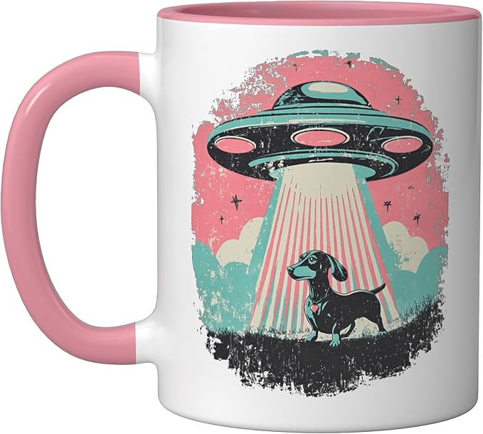 Retro UFO Dachshund Dog Alien Beam Vintage Sci Fi Pooch Ceramic Mug, Pink/White