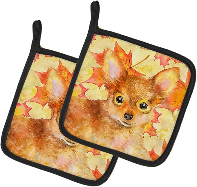 Caroline's Treasures BB9983PTHD Toy Terrier Fall Pair of Pot Holders, Yellow Kitchen Heat Resistant Pot Holders Sets Oven Hot Pads for Cooking Baking BBQ, 7 1/2 x 7 1/2