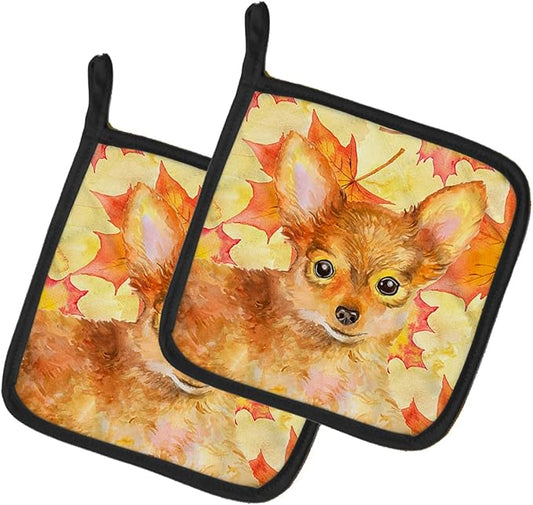 Caroline's Treasures BB9983PTHD Toy Terrier Fall Pair of Pot Holders, Yellow Kitchen Heat Resistant Pot Holders Sets Oven Hot Pads for Cooking Baking BBQ, 7 1/2 x 7 1/2