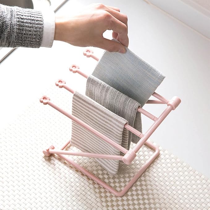 GOTOTOP Folding Towel Drying Rack with 4 Arms, Hanging Towel Holder for Kitchen Organization, Well Organized, Easy to Take (Light Red)