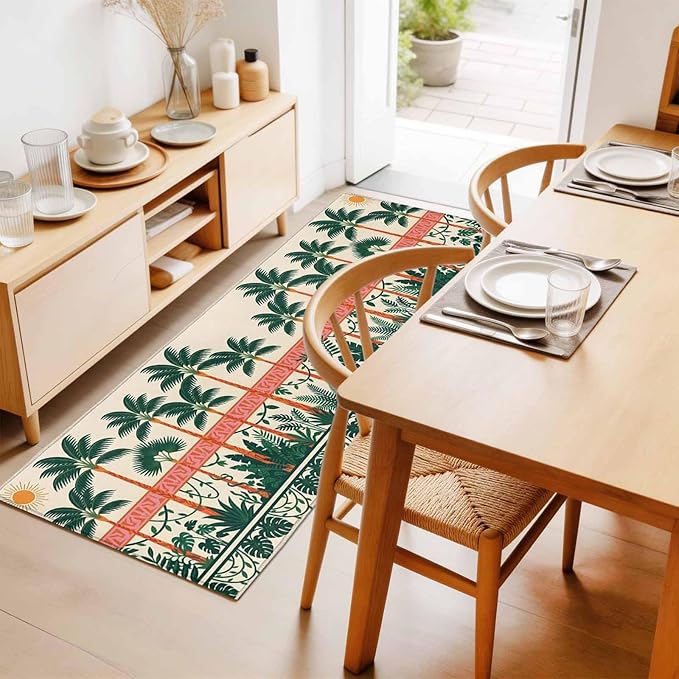 Runner Rug for Bedroom Hallway, Vintage Sage Green Tall Palm Trees Kitchen Runner Rugs Area Rug 2x6ft, Summer Tropical Plants Washable Soft Floor Carpet for Entryway Stair