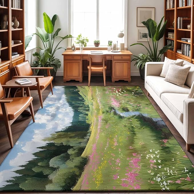 Area Rug 8x10ft, Watercolor Flowers Leaves Forest Meadow Washable Rugs for Living Room Bedroom, Oil Paint Texture Soft Non-Slip Area Rugs Rectangle Floor Carpet for Dining Room