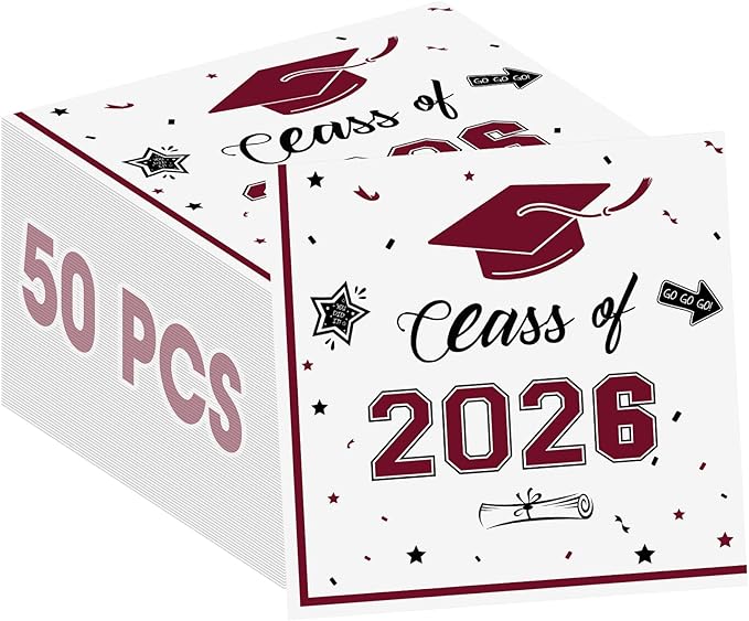 50 Pcs Graduation Napkins Decorations - Maroon Class of 2026 Congrats GRAD 3-Ply Paper Cocktail Dinner Napkins Set for 2026 Graduation Party Supplies Table Decor Favors, 6.5 x 6.5 Inch