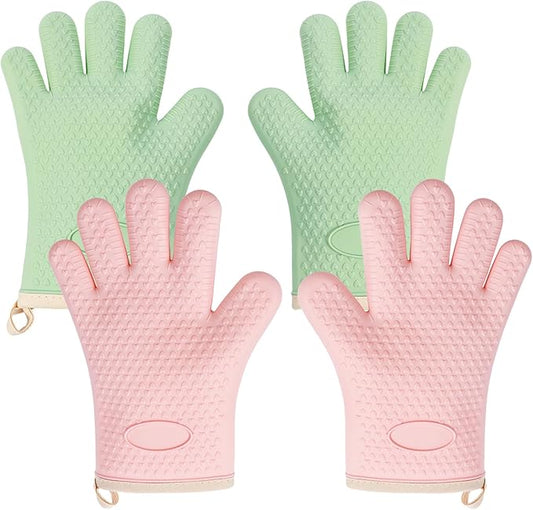2 Pairs Silicone Oven Mitts Oven Gloves with Fingers Heat Resistant Waterproof Non-Slip Cotton Lined Silicone Oven Gloves Kitchen Mitts for Baking Cooking BBQ(2 Pairs-Green +Pink)