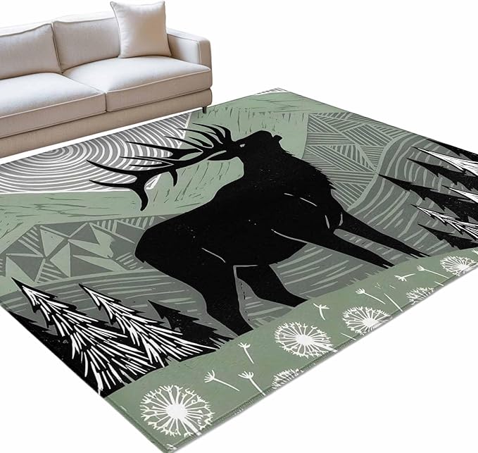 Area Rug 4x6ft, Black Wildlife Elk Washable Rugs for Living Room Bedroom, Bohemian Green Mountain Peaks Soft Non-Slip Area Rugs Rectangle Floor Carpet for Dining Room