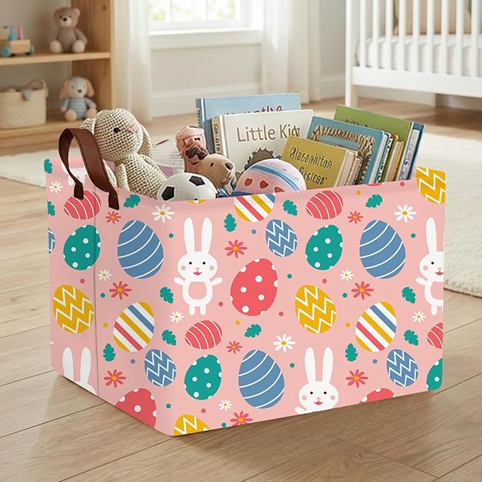 Kid Large Empty Easter Basket Gift Personalized Fabric Bunny Easter Basket for Boy and Girl Room Decor Storage Bin (Rabbit Easter Egg Pink Flower)