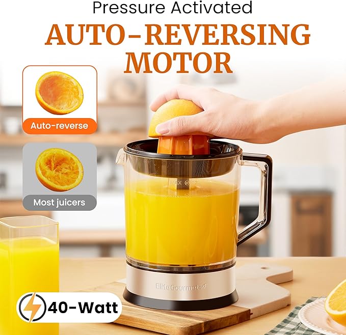 Elite Gourmet ETS047 BPA-Free 40-Watt Electric Citrus Juicer with 2 Cones, Compact, Large Volume, Pulp Control, Oranges, Lemons, Limes, Grapefruits with Easy Pour Spout, 1.2L, Black/Stainless Steel