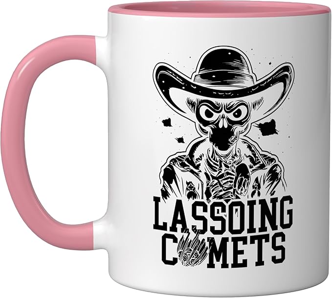 Alien Lover Flying Saucer UFO Extraterrestrial Cowboy Ceramic Mug, Pink/White