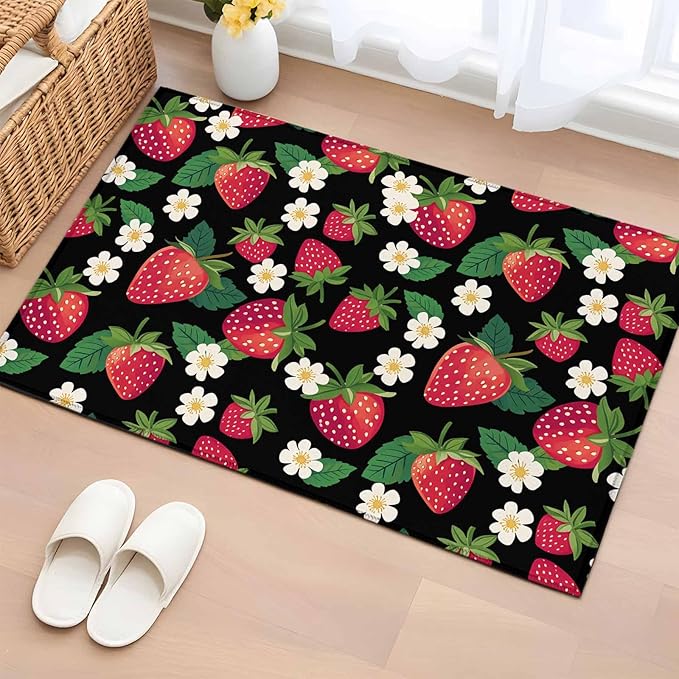 Area Rug 2x3ft, Red Strawberry Litter Flower Leaves on Black Washable Rugs for Living Room Bedroom, Summer Fruit Soft Non-Slip Area Rugs Rectangle Floor Carpet for Dining Room