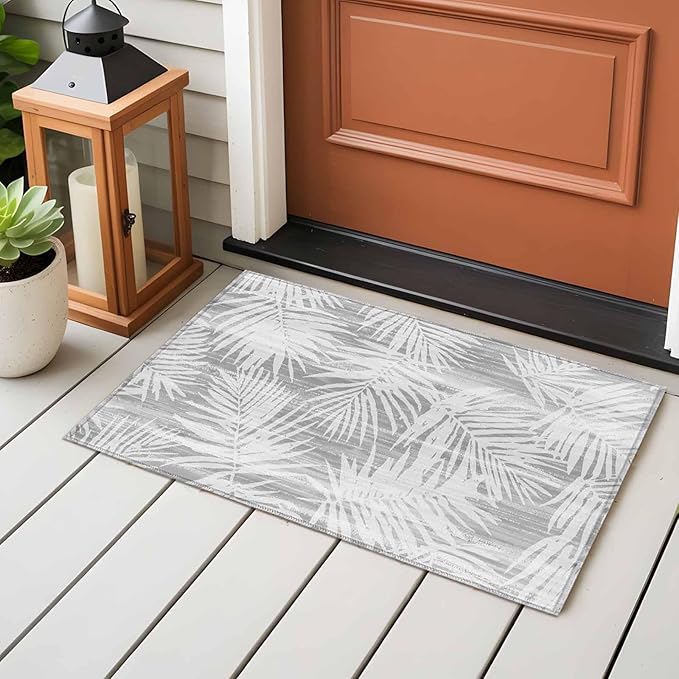 Area Rug 2x3ft, Modern Gray Palm Leaves Washable Rugs for Living Room Bedroom, Boho Tropical Leaves Soft Non-Slip Area Rugs Rectangle Floor Carpet for Dining Room