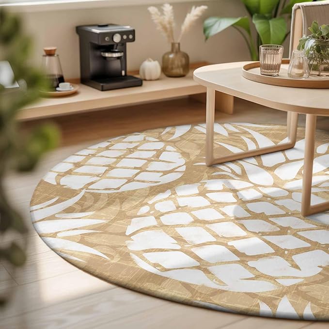 Washable Round Area Rug Summer Fruit Pineapple Circle Rugs Floor Carpet for Living Room Bedroom, Rustic Vintage Tropical Leaves Soft Non Slip Round Rug 3ft
