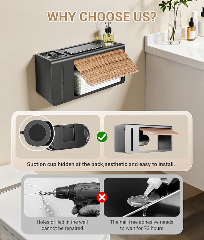DPB Paper Towel Dispenser Wall Mount, No Drilling Required, Bathroom Paper Towel Holder with Lid, for Home and Commercial, Bathroom Kitchen (Black)