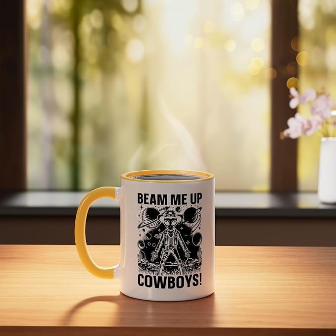 Alien Lover Flying Saucer UFO Extraterrestrial Cowboy Ceramic Mug, Yellow/White