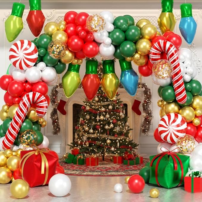 164Pcs Christmas Balloon Arch Garland Kit Xmas Red White Green Gold Latex Balloons Light Bulb Candy Cane Gift Box Foil Balloons Arch Kit for Christmas New Year Party Birthday Party Decorations