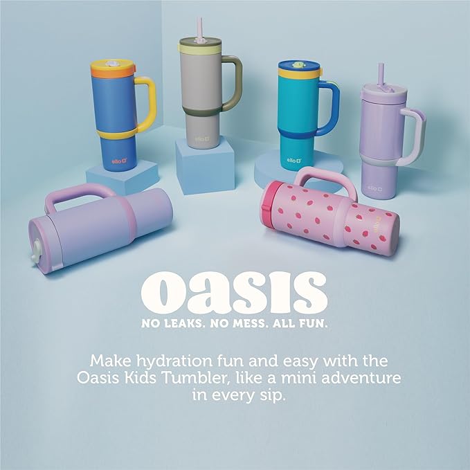 Ello Oasis 14oz Stainless Steel Toddler Tumbler with Handle & Retracting Straw, 100% Leakproof, Double-Wall Vacuum Insulated, Kids Water Bottle for School, BPA Free, Dishwasher Safe, Purple Swirl