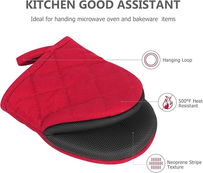 1 Pair Short Oven Mitts - Silicone Kitchen Oven Gloves High Heat Resistant 500℉, Mini Oven Mits with Non-Slip Grip Surfaces and Hanging Loop for BBQ, Baking, Cooking and Grilling (Red)