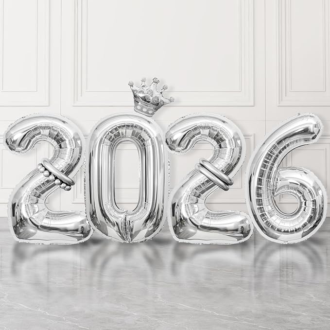 2026 Balloons Silver,40 Inch 2026 Number Balloons with Foil Crown Balloons for Happy New Year Decorations New Years Eve 2026 Graduation Decorations Class of 2026 Party Supplies