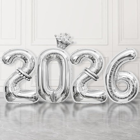 2026 Balloons Silver,40 Inch 2026 Number Balloons with Foil Crown Balloons for Happy New Year Decorations New Years Eve 2026 Graduation Decorations Class of 2026 Party Supplies