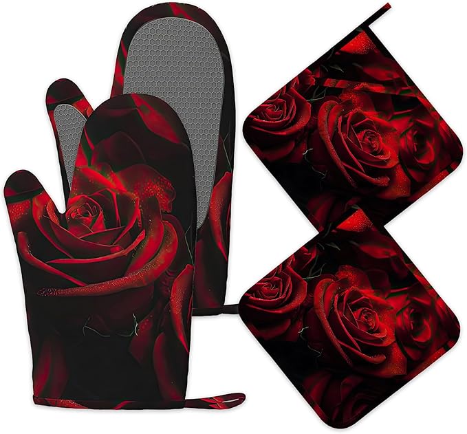 Red Rose Oven Mitts and Pot Holders Set of 4,Kitchen Glove Heat Resistant Oven Mitts with Non-Slip Silicone for Baking, Cooking, BBQ