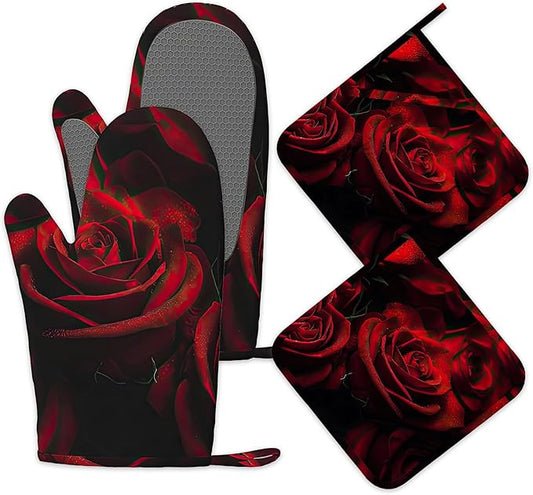 Red Rose Oven Mitts and Pot Holders Set of 4,Kitchen Glove Heat Resistant Oven Mitts with Non-Slip Silicone for Baking, Cooking, BBQ
