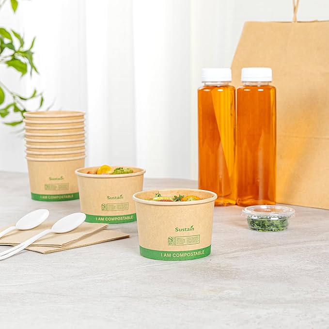 Restaurantware Paper Soup Containers 25 Pack Of 8 oz Disposable Kraft To Go Hot Soup Serving Bowls BPI-Certified Compostable Leakproof Stackable Food Containers For Noodles, Pasta And Desserts