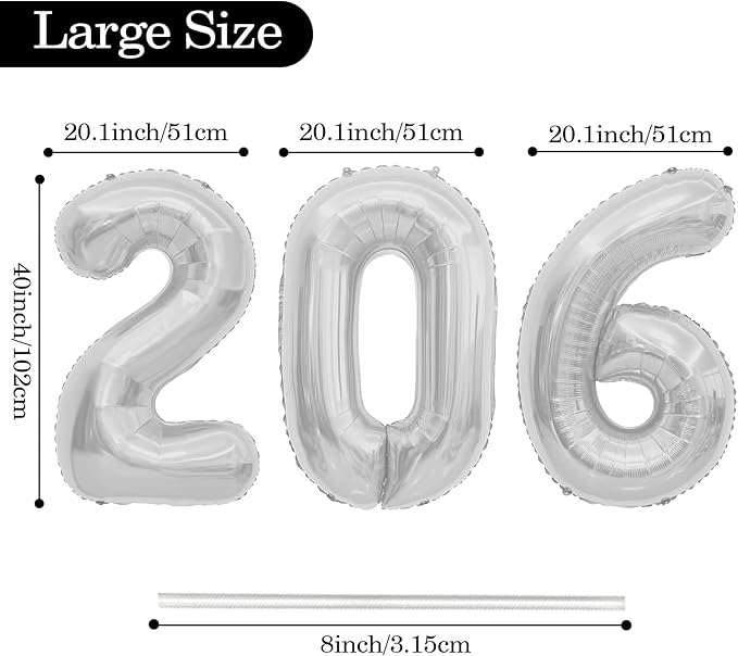 2026 Balloons, 2026 Number Balloons Silver, 40 Inch Large Foil Graduation Balloon 2026 Numbers for Graduation Decorations Class of 2026, Birthday, Anniversary, New Year Eve Party Decorations