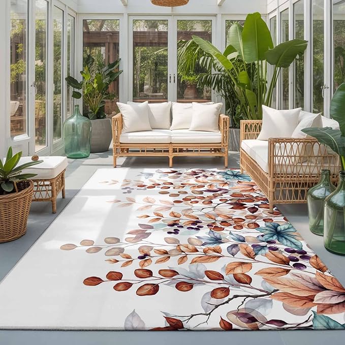Area Rug 3x5ft, Fall Orange Watercolor Eucalyptus Leaves Washable Rugs for Living Room Bedroom, Fallen Leaf on White Soft Non-Slip Area Rugs Rectangle Floor Carpet for Dining Room