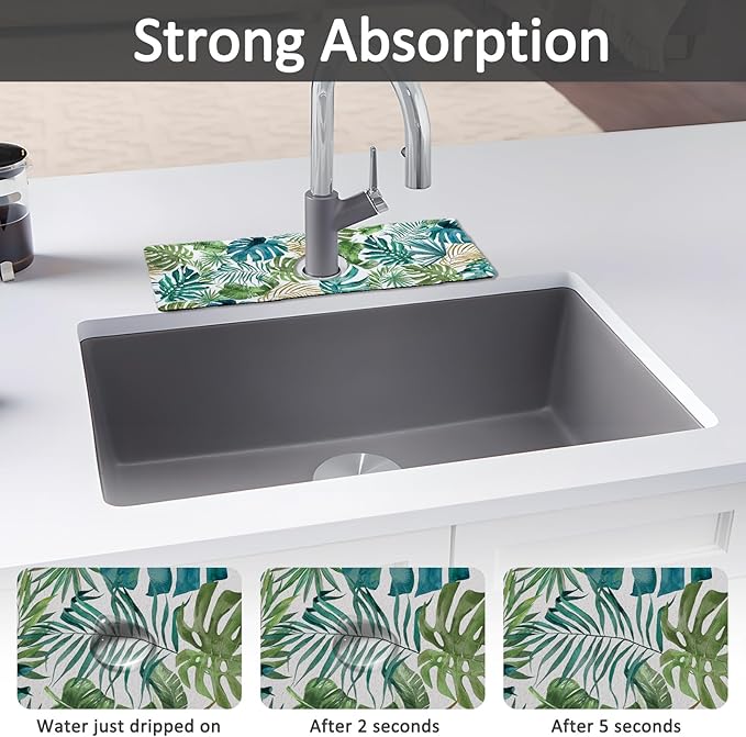 2PCS 15" X 5.5" Kitchen Sink Splash Guard Faucet Mat Leaf Super Absorbent Fast Drying Faucet Guard & Draining Mat Sink Splash Guard Behind Faucet for Kitchen, Bathroom