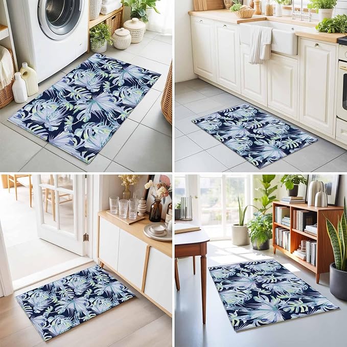 Area Rug 2x3ft, Watercolor Blue Teal Palm Leaves Washable Rugs for Living Room Bedroom, Abstract Botanical Soft Non-Slip Area Rugs Rectangle Floor Carpet for Dining Room