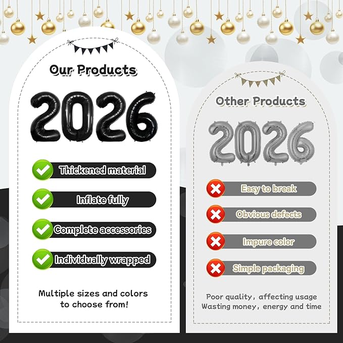 Black 2026 Balloons, Jumbo 40 Inch Foil 2026 Number Balloons, Grad Balloons for Class of 2026 Graduation Party, Black Matellic Foil New Year Birthday Home Office Party Supplies