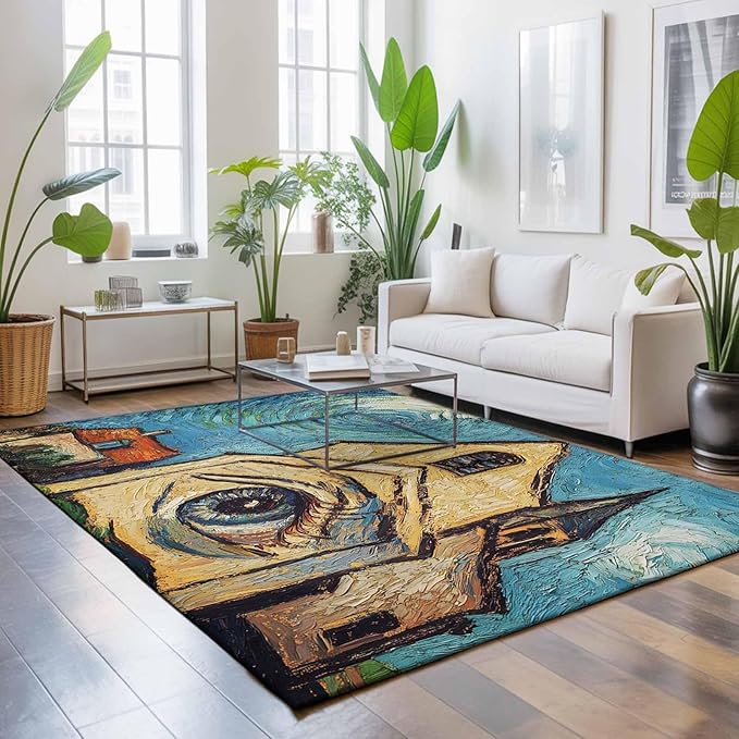 Area Rug 4x6ft, Abstract Farmhouse Starry Night Eye Washable Rugs for Living Room Bedroom, Rustic Oil Painting Art Soft Non-Slip Area Rugs Rectangle Floor Carpet for Dining Room