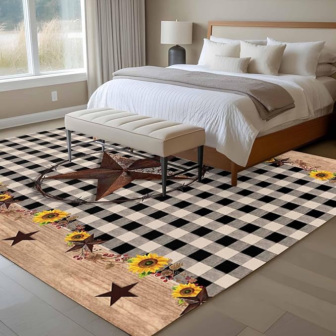Area Rug 6x9ft, Western Star Farm Sunflower Washable Rugs for Living Room Bedroom, Vintage Wood Grain Black Buffalo Plaid Soft Non-Slip Area Rugs Rectangle Floor Carpet for Dining Room