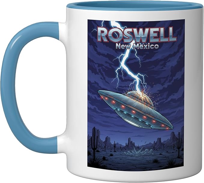 Roswell UFO Flying Saucer New Mexico Souvenir Lightning Ceramic Mug, Blue/White