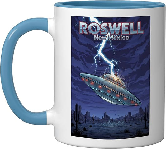 Roswell UFO Flying Saucer New Mexico Souvenir Lightning Ceramic Mug, Blue/White