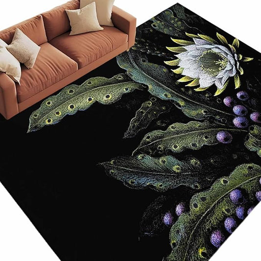 Area Rug 6x9ft, Watercolor Flower Berry Leaves Washable Rugs for Living Room Bedroom, Botanical Plant Dark Style Soft Non-Slip Area Rugs Rectangle Floor Carpet for Dining Room