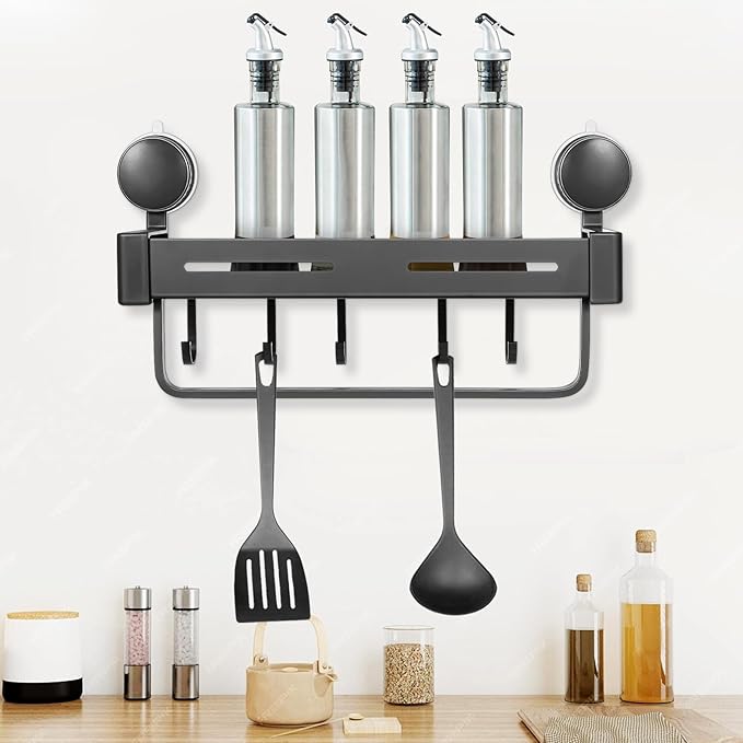 GLEAVI Suction Cup Kitchen Shelf Rack Gray Wall-mount Spice Rack Organizer with Hooks for Pantry Storage and Kitchen Sink Organization