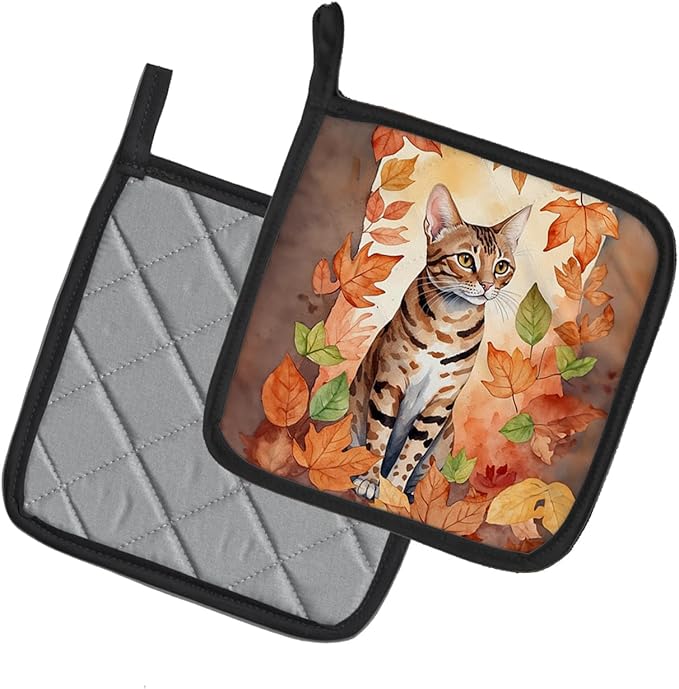 Caroline's Treasures Ocicat Cat in Fall Leaves Pair of Pot Holders Kitchen Heat Resistant Pot Holders Sets Oven Hot Pads for Cooking Baking BBQ, 7 1/2 x 7 1/2