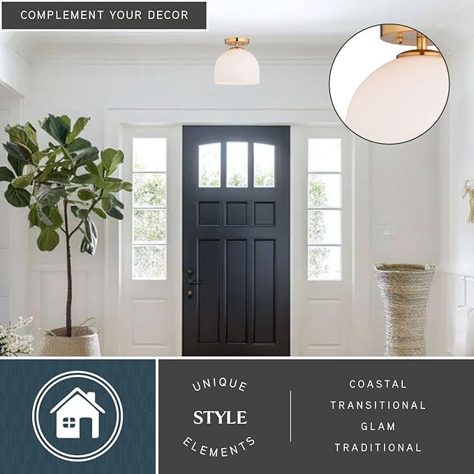 VAXCEL Shelby 9.25-in W Gold Brass Transitional Semi Flush Mount Ceiling Light White Glass
