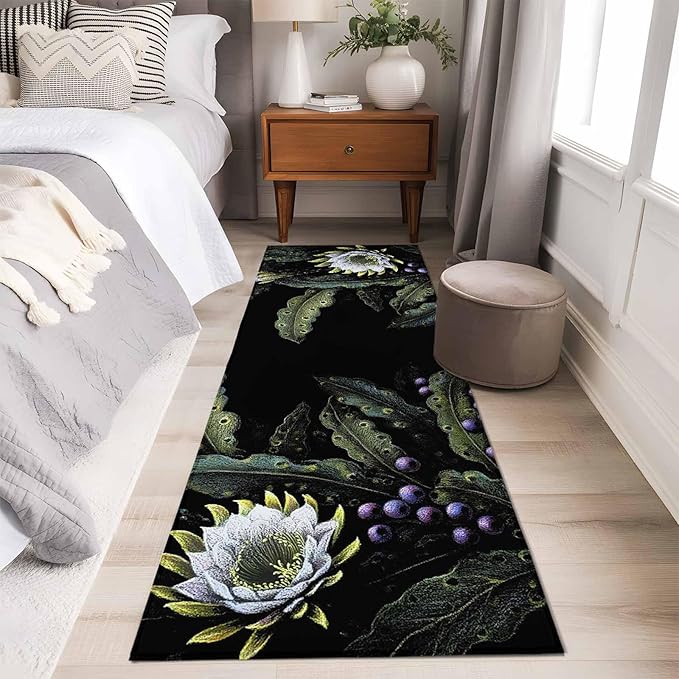 Runner Rug for Bedroom Hallway, Watercolor Flower Berry Leaves Kitchen Runner Rugs Area Rug 2x6ft, Botanical Plant Dark Style Washable Soft Floor Carpet for Entryway Stair